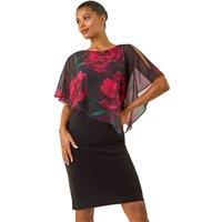 Roman Women's Floral Overlay Premium Stretch Dress in Black | Size: 18