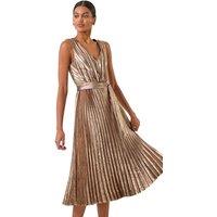 Roman Women's Metallic Pleat Belted Midi Dress in Gold | Size: 18