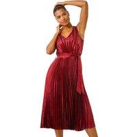 Roman Women's Metallic Pleat Belted Midi Dress in Red | Size: 16