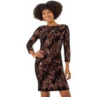 Roman Women's Sequin Velvet Shift Stretch Dress in Chocolate | Size: 14