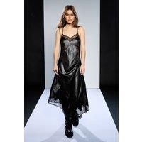 RUNWAY 1.8.1.8 Women's Pu Satin Slip Dress With Lace in Black | Size: 8
