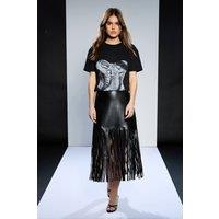 RUNWAY 1.8.1.8 Women's Faux Leather Fringe Skirt in Black | Size: 12