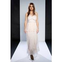 RUNWAY 1.8.1.8 Women's Strappy Lace Peplum Maxi Dress in Blush | Size: 8