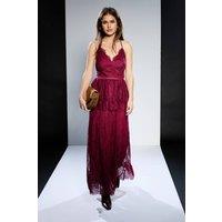 RUNWAY 1.8.1.8 Women's Strappy Lace Peplum Maxi Dress in Cherry | Size: 8