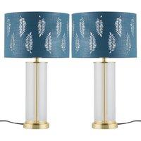 First Choice Lighting Set of 2 Aura - Satin Brass Lamps with Teal Fern Cut Out Shades in Gold