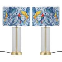 First Choice Lighting Set of 2 Aura - Satin Brass Lamps with Parrot Velvet Shades in Gold
