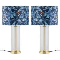 First Choice Lighting Set of 2 Aura - Satin Brass Lamps with Toucan Velvet Shades in Gold