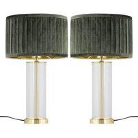 First Choice Lighting Set of 2 Aura - Satin Brass Lamps with Green Pleated Velvet Shades in Gold