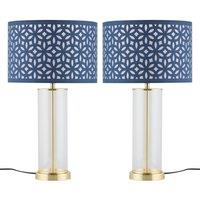 First Choice Lighting Set of 2 Aura - Satin Brass Lamps with Navy Blue Cut Out Shades in Gold