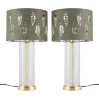 First Choice Lighting Set of 2 Aura - Satin Brass Lamps with Sage Green Fern Silver Shades in Gold