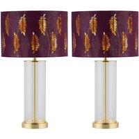 First Choice Lighting Set of 2 Aura - Satin Brass Table Lamps with Burgundy Fern Shades in Gold