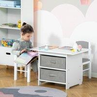 HOMCOM 3 Pcs Kids Table & Chairs Set Furniture with Storage Drawers for 2-4 Years old in White
