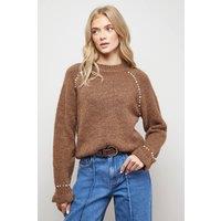 Oasis Women's Pearl Detail Frill Cuff Jumper in Chocolate | Size: Small