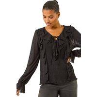 Roman Women's Lace Ruffle Front Top in Black | Size: 16