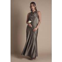 Oasis Women's Cowl Halterneck Satin Maxi Bridesmaid Dress in Olive | Size: 12