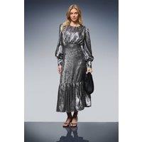 Oasis Women's Lame Balloon Sleeve Midi Dress in Silver | Size: 14