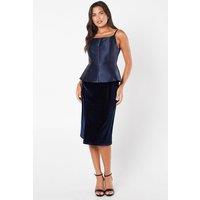 Coast Women's Square Neck Twill Bodice Velvet Skirt Pencil Dress in Navy | Size: 10