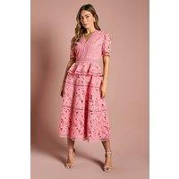 Coast Women's V Neck Peplum Tiered Lace Midi Dress in Coral | Size: 10