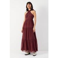 Warehouse Women's Chiffon Halter Tier Maxi Dress in Chocolate | Size: 10