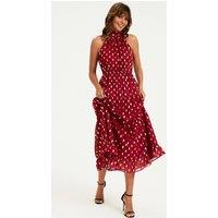 FS Collection Women's Gold Foil Halter Neck Tie Back Midi Dress In Wine | Size: XS