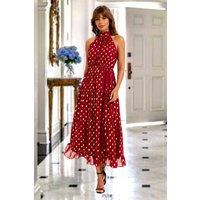 FS Collection Women's Gold Foil Halter Neck Tie Back Midi Dress In Wine | Size: Small