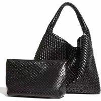 PEACH ACCESSORIES Women's Chic Weave Tote Handbag with Matching Clutch in Black