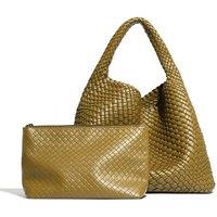 PEACH ACCESSORIES Women's Chic Weave Tote Handbag with Matching Clutch in Dark Olive