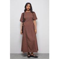 Warehouse Women's Seersucker Organza Godet Side Puff Sleeve Midi Dress in Chocolate | Size: 12