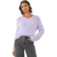 Roman Women's Embellished Fluffy Knit Jumper in Lilac | Size: 16