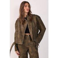 NastyGal Women's Belted Cropped Faux Leather Biker Jacket in Olive | Size: 10