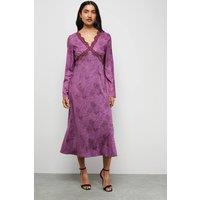 Warehouse Women's Satin Jacquard Lace Insert Godet Midi Dress in Animal | Size: 10