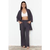 WOVCOR Women's Two-Piece Kimono Set - Relaxed Fit Knit Top & Wide-Leg Pants in Dark Grey | Size: Large