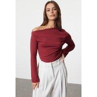 WOVCOR Women's Draped Boat Neck Asymmetrical Long Sleeve Knit Blouse in Burgundy | Size: XS
