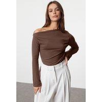 WOVCOR Women's Draped Boat Neck Asymmetrical Long Sleeve Knit Blouse in Brown | Size: Small