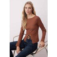 WOVCOR Women's Ribbed Long Sleeve Button Front Knit Jumper with Asymmetric Hem in Brown | Size: Small