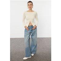 WOVCOR Women's Ribbed Long Sleeve Button Front Knit Jumper with Asymmetric Hem in Stone | Size: Large