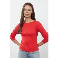 WOVCOR Women's Ribbed Long Sleeve Button Front Knit Jumper with Asymmetric Hem in Red | Size: Small