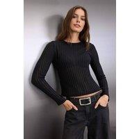 WOVCOR Women's Sheer Crew Neck Ribbed Knit Blouse in Black | Size: Large