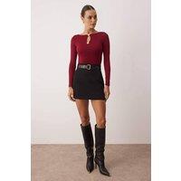 WOVCOR Women's Cut Out Long Sleeve Fitted Knit Top with Button Detail in Burgundy | Size: Small