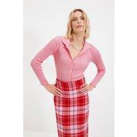 WOVCOR Women's Ribbed Collared Button-Up Knit Cardigan in Pink | Size: Medium