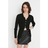 WOVCOR Women's Ribbed Collared Button-Up Knit Cardigan in Black | Size: Large