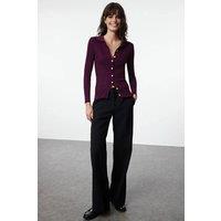 WOVCOR Women's Ribbed Collared Button-Up Knit Cardigan in Plum | Size: Small