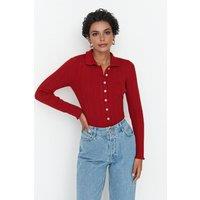 WOVCOR Women's Ribbed Collared Button-Up Knit Cardigan in Burgundy | Size: Medium