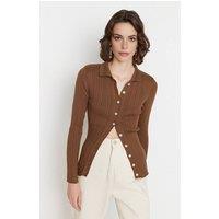 WOVCOR Women's Ribbed Collared Button-Up Knit Cardigan in Brown | Size: XS