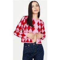 WOVCOR Women's Crop Argyle Ribbed Knit Cardigan with Button Front in Pink | Size: Large