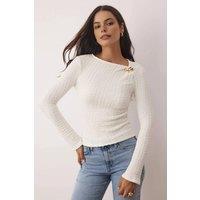 WOVCOR Women's Textured Long Sleeve Knit Top with Metal Brooch Detail in White | Size: Medium
