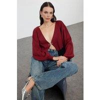 WOVCOR Women's Super Crop Knit Cardigan With Bow Detail in Burgundy | Size: Large