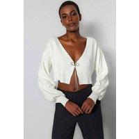 WOVCOR Women's Super Crop Knit Cardigan With Bow Detail in White | Size: XS