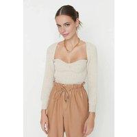 WOVCOR Women's Crop Knit Sweater With Sweetheart Neckline in Stone | Size: Small