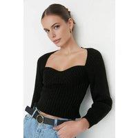 WOVCOR Women's Crop Knit Sweater With Sweetheart Neckline in Black | Size: Medium